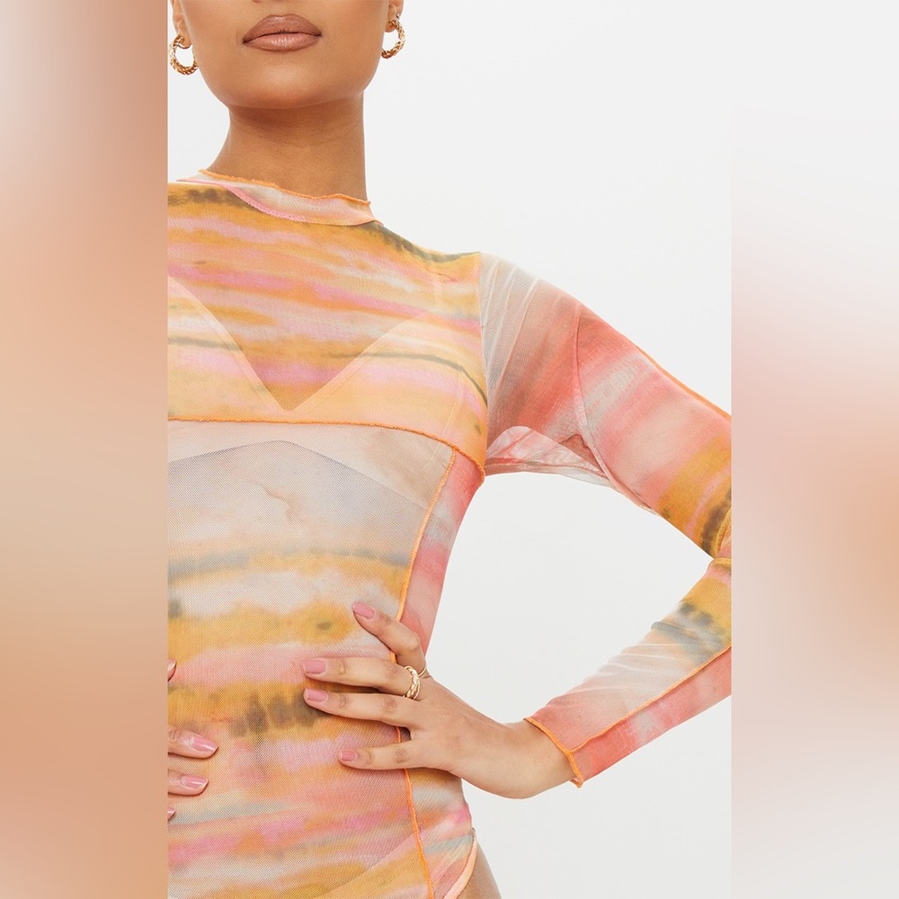 Orange Mesh High Neck Contrast Seam Bodysuit